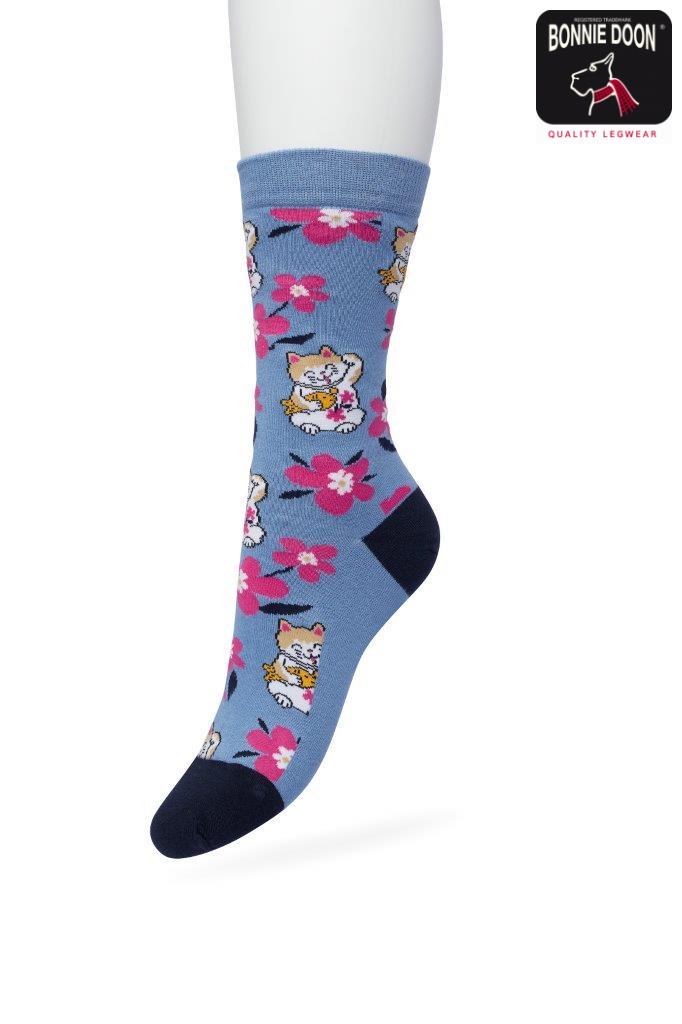 Japanese Lucky Cat sock Coronet bleu